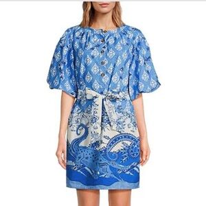 NWT, Blue Patterned Women's Dress, puff sleeves, nautical, blue white, Medium